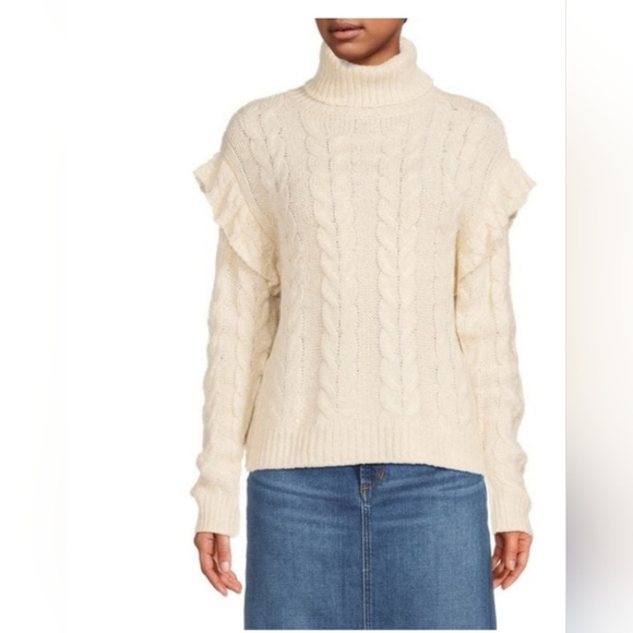 Joe's Jeans Cream Turtleneck Sweater with Cable Knit - Picture 1 of 3